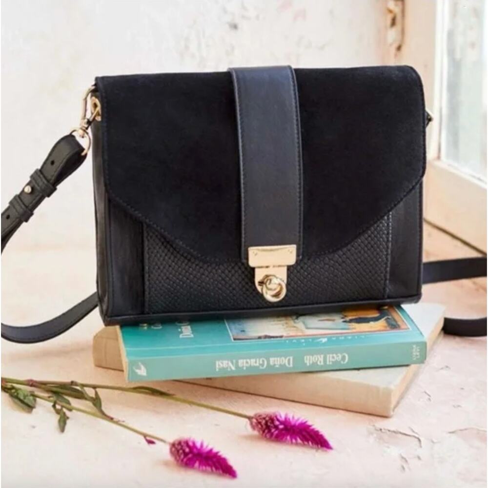 Sezane Black Leather and Suede Crossbody with Gold Hardware
